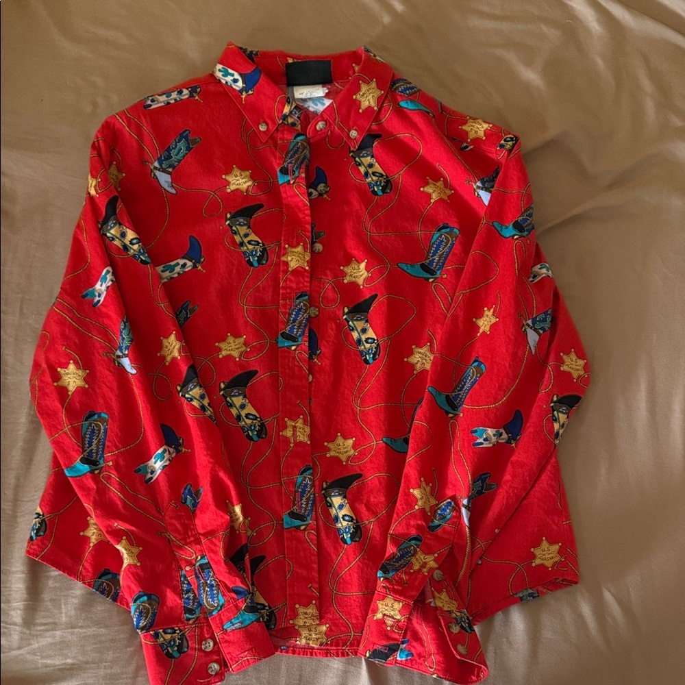 Vibrant Red Western Print Women's Button Down Shirt
